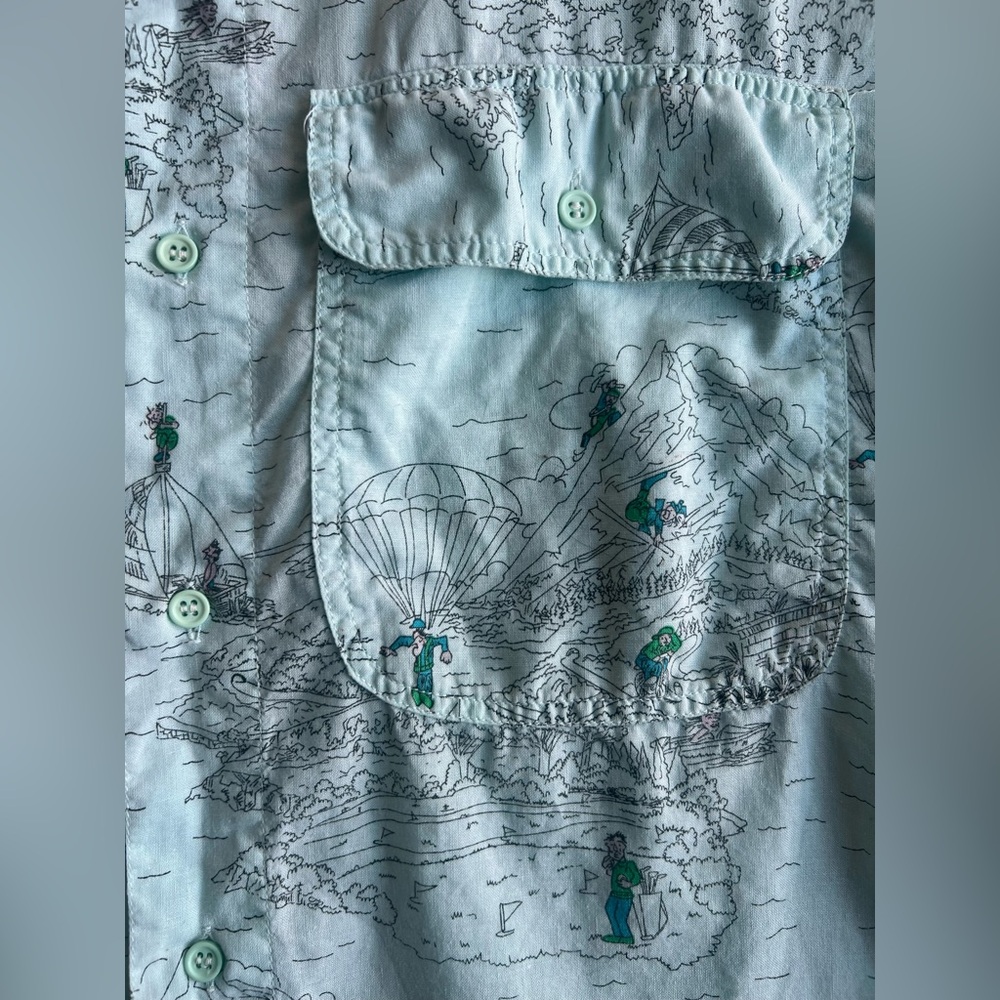 Vintage 1980’s Benetton aqua blue map print button up shirt looks like a M/L - Picture 5 of 9